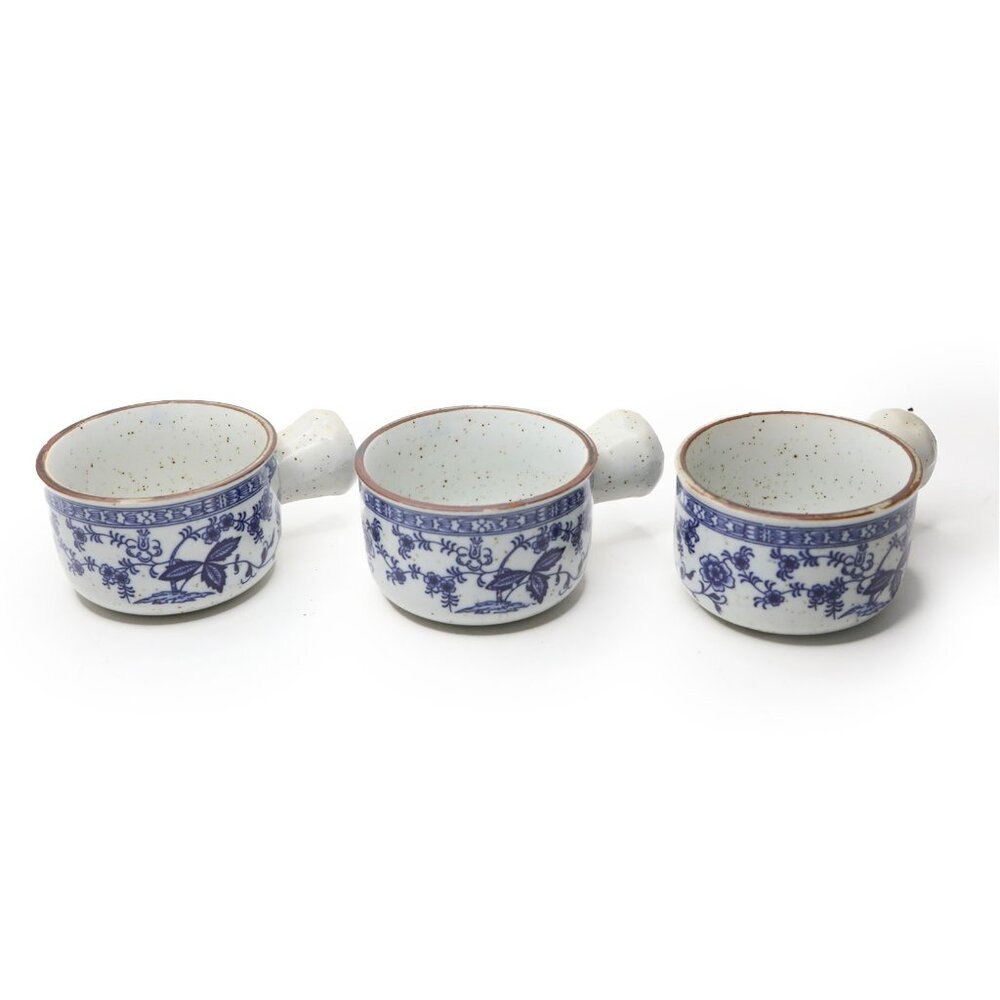Vintage 1970s Japanese Speckled Stoneware Tea Mugs White Blue Floral  Set of 3